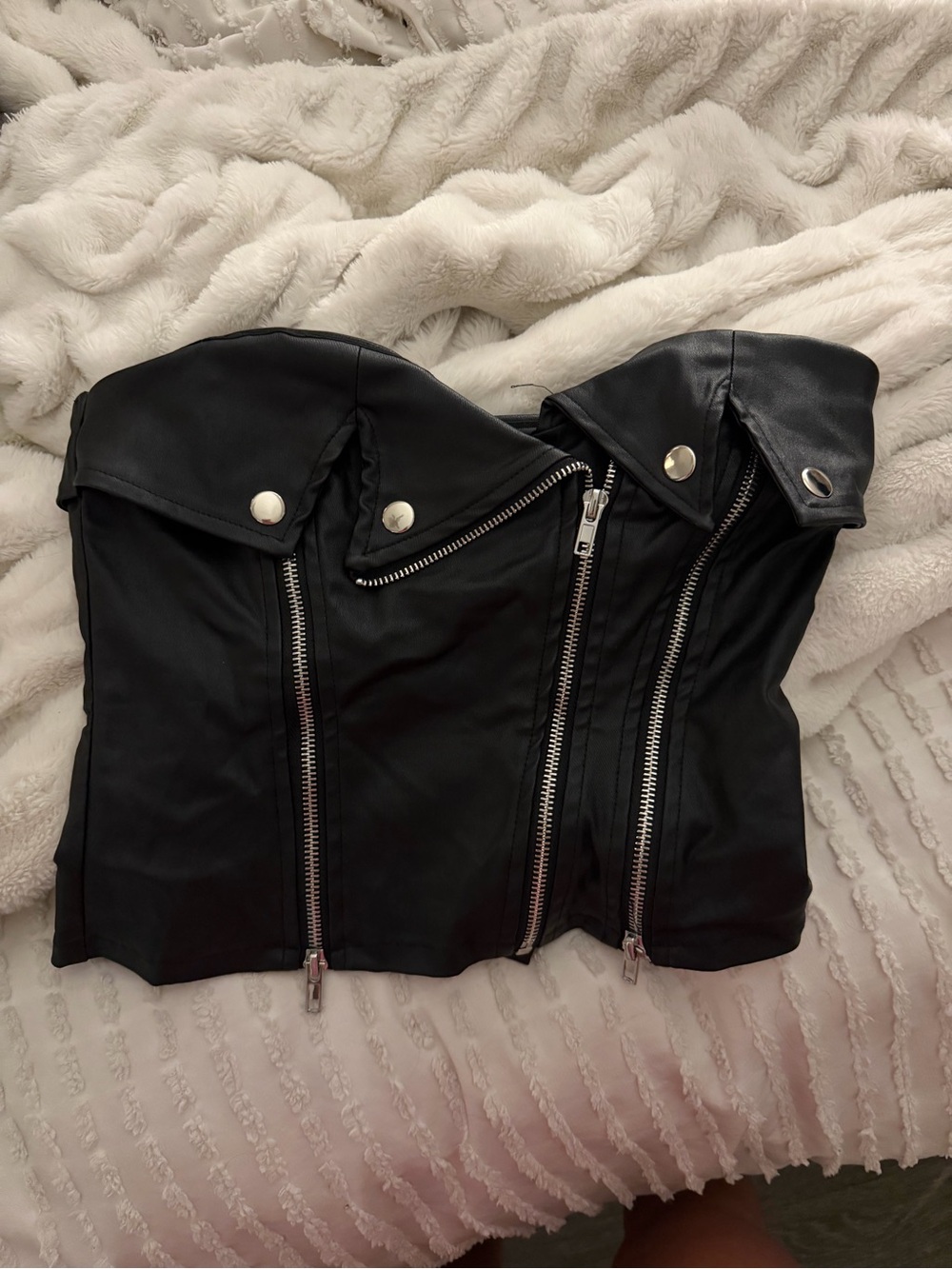 Strapless Black Faux Leather Corset-Style Jacket